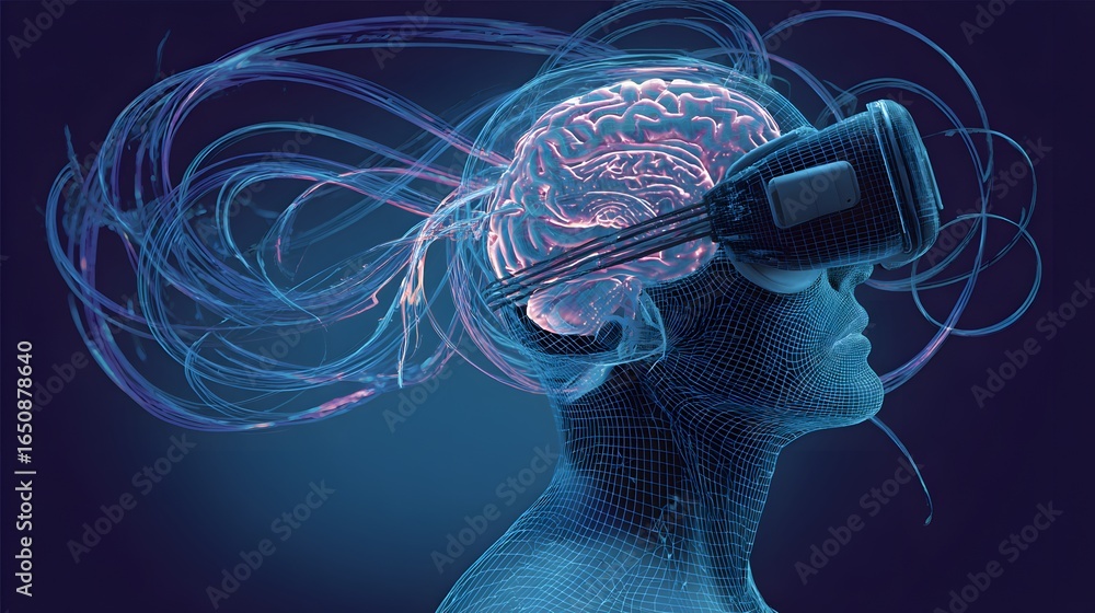 Aufkleber headset revealing brain activity with glowing effect. wireframe design of the bust with abstract wir