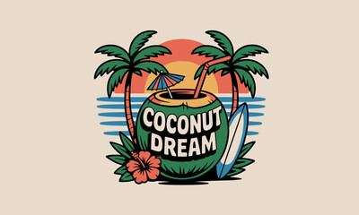 A beautifully styled coconut drink on the beach, featuring elements of relaxation and joy, evoking the soothing essence of summer vacations and delightful getaways.