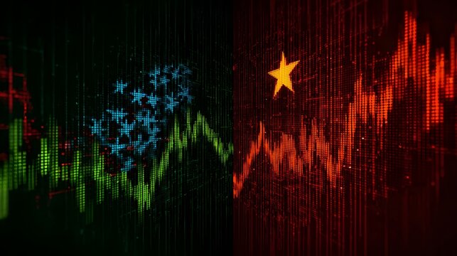 USA versus China: Compares stock market graphs of both nations with flags, conveying economic tensions. #trade #markets #economics