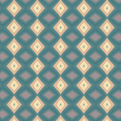 Elegant abstract diamond-shaped geometric pattern in teal, cream, and muted tones. A perfect seamless background for modern interiors, fashion, and design.
