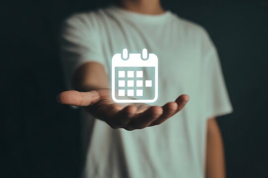 Person holding glowing calendar icon, schedule your life and never miss an important event with a well planned agenda and reminders