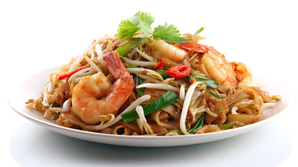 Delicious pad thai with shrimp, noodles, and vegetables isolated on white background