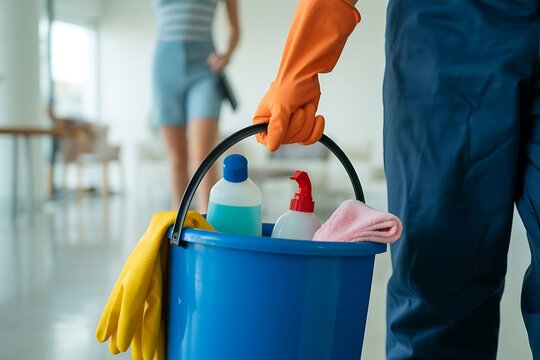 Professional cleaner ready for action with cleaning supplies in blue bucket bringing fresh appeal and spotless result, hygiene solutions