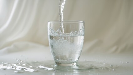 Clear water being poured into a glass with water splashing and flowing out. Refreshing beverage and hydration concept. Water and liquid pouring. The idea of cleanliness and purity.