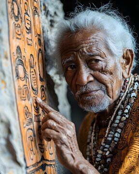 Rapa Nui Elder Tracing Rongorongo Glyphs on Wooden Tablet in Ana Kakenga Cave, Mahute Tapa Cloth with Fishbone Patterns