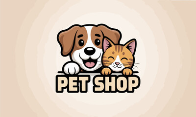 Plakat This charming illustration features a happy dog and a playful cat peeking over a sign that reads 'Pet Shop', perfect for conveying warmth and companionship in pet ownership.