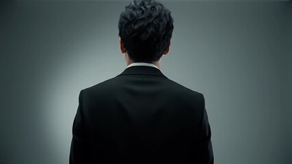 Back View of Man in Black Suit Against Plain Gray Background Wearing Black Jacket - Powered by Adobe