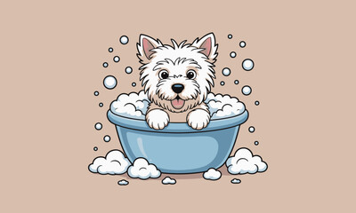 This charming illustration features a joyful dog in a bubble-filled bath, conveying a sense of fun and relaxation perfect for promoting pet grooming services and products.
