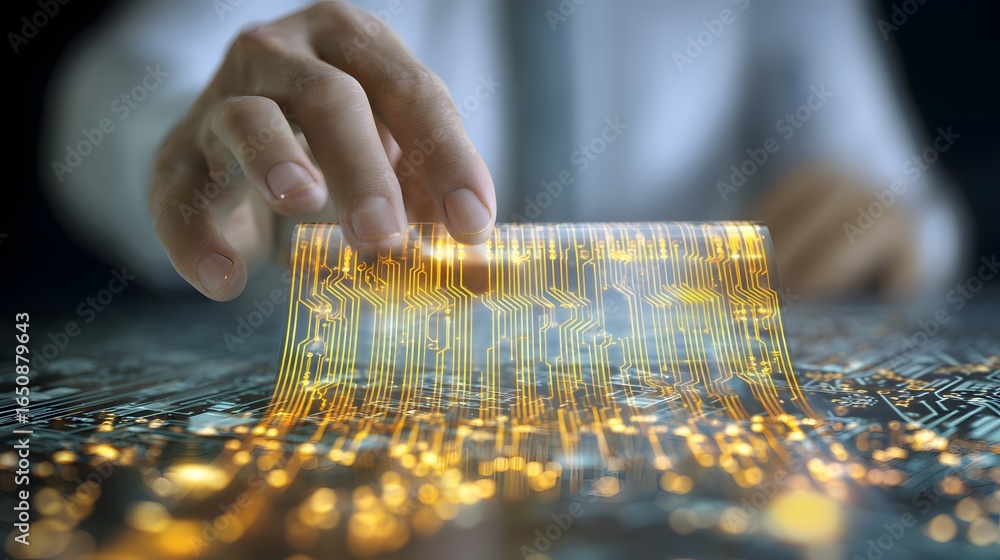 Poster tech innovation: hand manipulating digital circuit. bright gold pathways converge, representing data