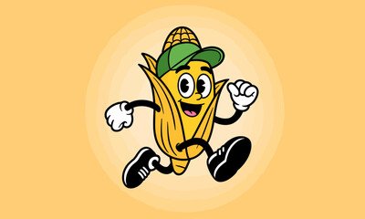A vibrant cartoon corn character is joyfully running, showcasing its sporty attire and cheerful expression, making it an engaging and fun image suitable for various projects.