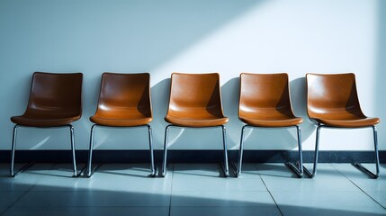 A row of five sleek chairs stand against a neutral wall, bathed in light. Waiting in line can be comfortable, so find your seat.