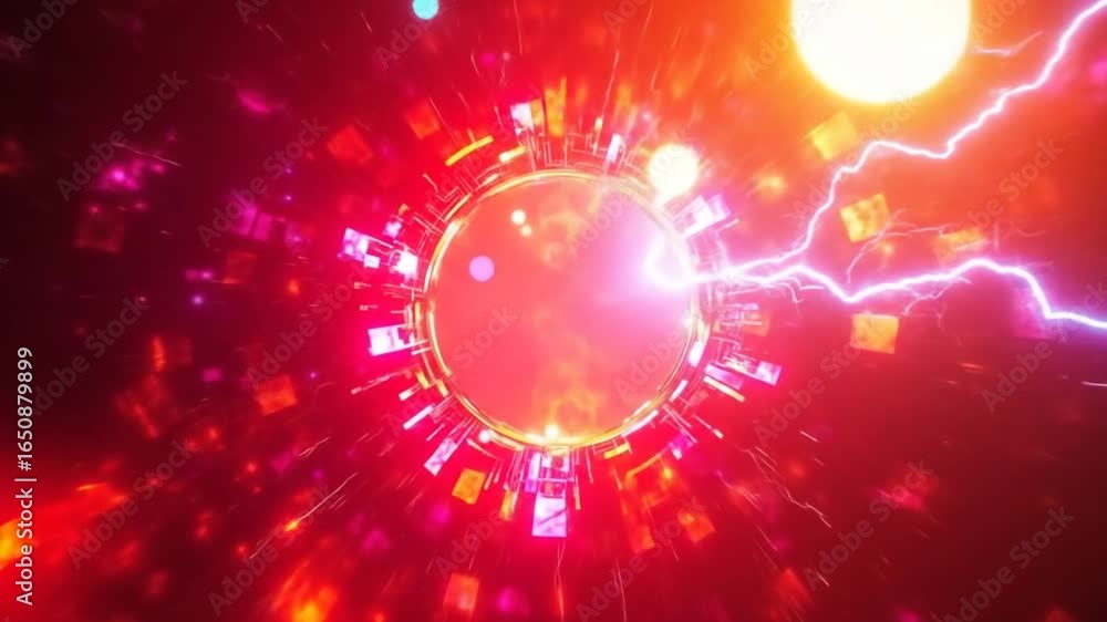 Poster futuristic red energy core with lightning effects and glowing particles background