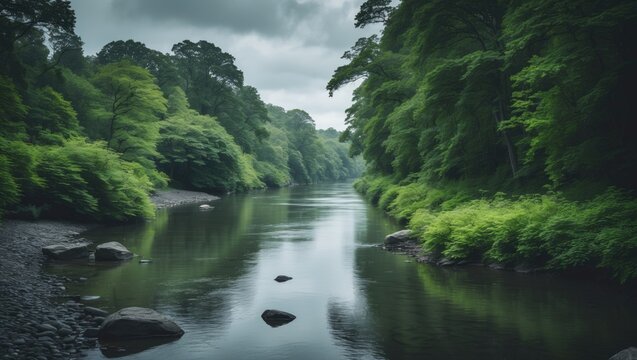 Lush green forest along a river with rocks and overcast sky
