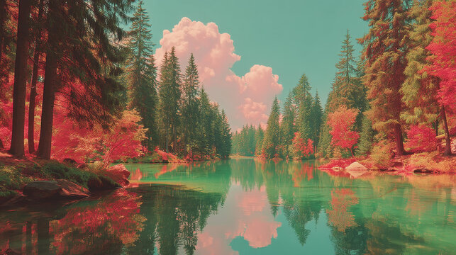 Serene river flowing through forest with colorful trees and bright sky, creating peaceful