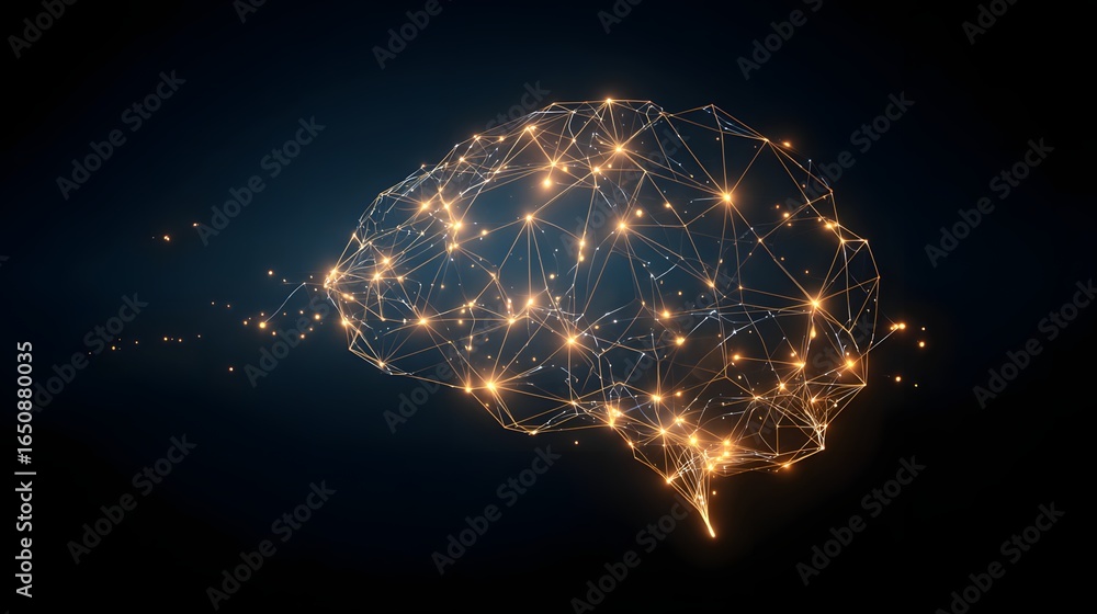 Aufkleber brain network: digital rendition of a brain represented by a complex mesh of glowing nodes connected