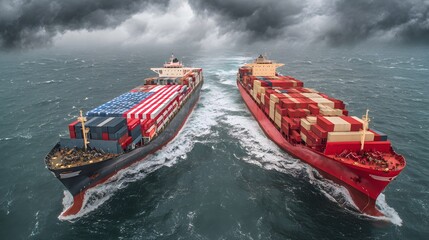Two cargo ships sailing in opposite directions under a stormy sky, loaded with shipping containers on the open sea.