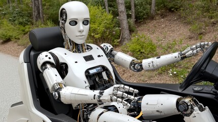 Fototapeta premium Futuristic automation: Advanced android driving on a scenic road in the countryside represents