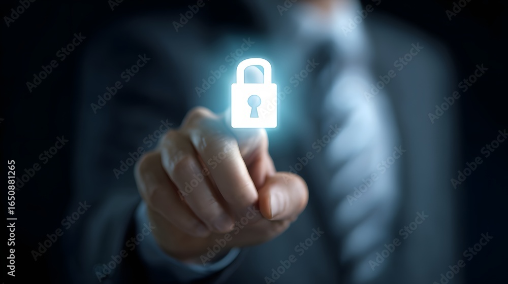 Poster person touches a glowing digital padlock on screen representing data protection, cybersecurity, encr
