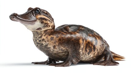 A three-quarter view of a young platypus, showcasing its unique bill, dark brown mottled fur, and webbed feet against a stark white background