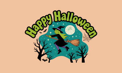 A playful witch riding her broom against a moonlit backdrop filled with trees and bats, this illustration captures the charm of Halloween in a whimsical and fun style.