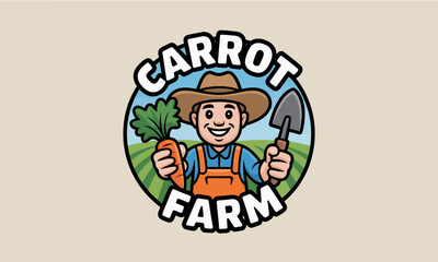 A friendly farmer proudly holding a large carrot along with a shovel, showcasing the essence of agriculture and farming life in a vibrant field setting.