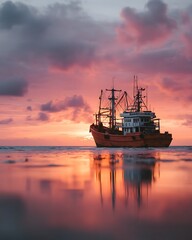Obraz premium Fishing Vessel Sailing Through Calm Waters Under a Dramatic Sunset Sky