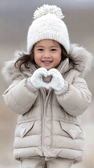 Adorable Little Girl Forms Heart Shape with Hands Wearing Winter Clothes