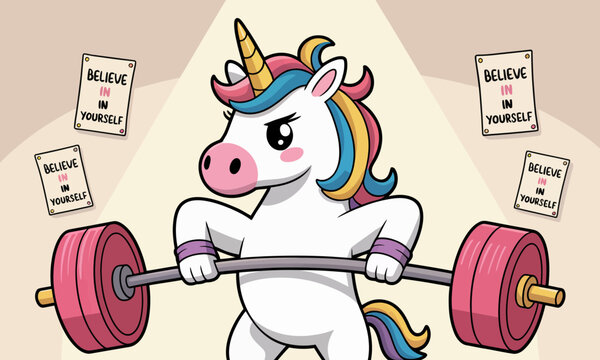 This vibrant illustration showcases a unicorn confidently lifting weights, surrounded by motivational posters that inspire belief in oneself and encourage perseverance and strength.