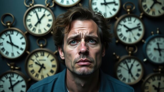 Imagen on&iacute;rica de un hombre rodeado de relojes rotos, que representa el insomnio, la ansiedad y la desconexi&oacute;n del tiempo durante la lucha mental