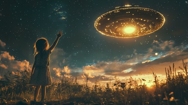 A girl reaches for a ufo in the night sky above a field at dusk or dawn