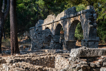 An ancient aqueduct in the ruins of the city of Phaselis in Lycia in modern Turkey.