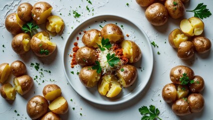Baked potatoes with butter and herbs served on a white plate, surrounded by more boiled potatoes with garnishes.