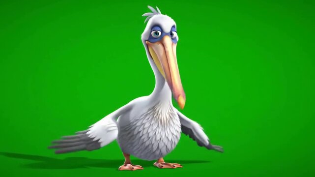 Cartoon pelican with outstretched wings standing against a bright green background