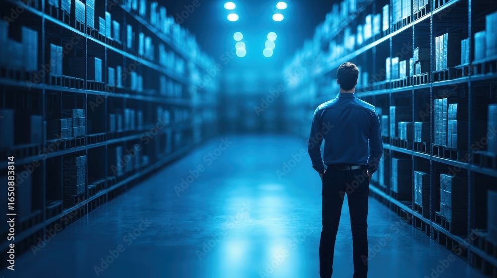 Poster warehouse cloud based inventory management secure cloud server with warehouse data, emphasizing data