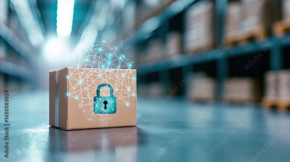 Poster warehouse security and cybersecurity secure network interface with padlock icon, warehouse in the ba