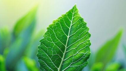 Close-up of a vibrant green leaf with detailed vein structure, surrounded by blurred greenery.