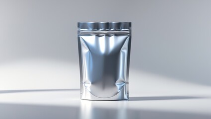 Shiny metallic package or pouch standing upright on a light background, with a resealable zipper. Packaging and storage concept. Aluminum foil pouch. Flexible packaging.