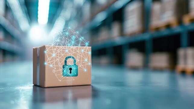 Warehouse Security and Cybersecurity Secure network interface with padlock icon, warehouse in the background, emphasizing data protection and cybersecurity - Powered by Adobe
