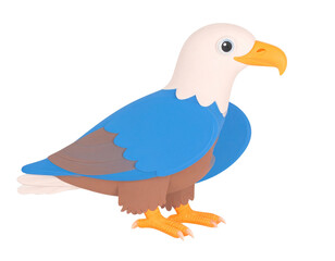 Colorful stylized bald eagle figurine with a white head blue body and layered papercraftstyle feathers.