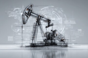 Obraz premium A conceptual representation of an oil pump jack, enhanced with digital overlay graphics and data visualizations. This design combines traditional machinery with modern technology motifs.