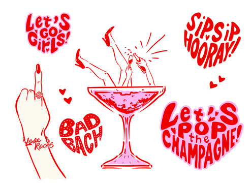 Set of hand drawn Bachelorette doodle icons, Hen Party heart shape slogans, Rock bride ring finger illustration, Bachelorette vector collection for T-shirts, invitations and web icons