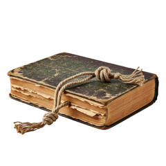 Old, torn hardcover book, discolored pages, jute string bookmark, bright gray background, studio light, concept of age, history, and utilitarian beauty.