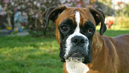 Boxer dog portrait in garden