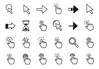 Collection of Cursor and Hand Icons Depicting Selection, Direction, and Search Functionality for User Interface Design