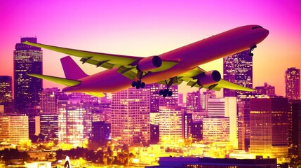 Airplane soaring above a vibrant cityscape at sunset showcases travel and business transportation