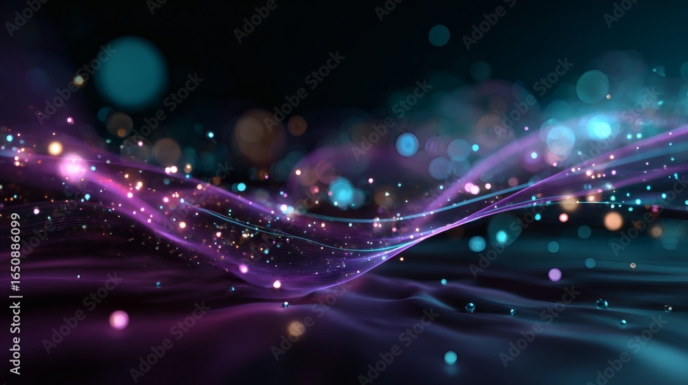 Poster abstract 3d wave motion with glowing holographic magenta and cyan particles, futuristic luminous mes