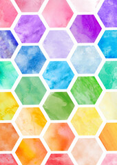Vibrant watercolor hexagons pattern with a rainbow color palette