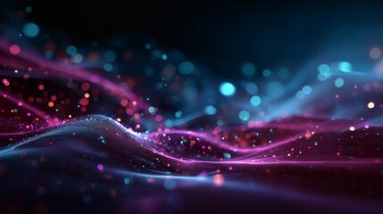 Obraz premium Abstract neon digital wave with glowing holographic pink and blue particles, futuristic luminous mesh, immersive flowing gradient, AI data visualization, sci-fi cyberpunk spectrum, big data 