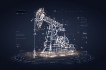 A futuristic representation of an oil pumpjack is showcased in a digital environment. The structure is surrounded by technical annotations and glowing lines, emphasizing its mechanical components.