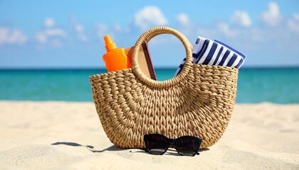 
Enjoy your vacation with this beach bag containing a book, sunscreen, and a striped towel, set on a sandy beach. Perfect for travel and summer-themed ads.
